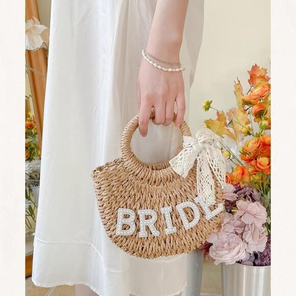 Women's Khaki Straw Wedding Bridal Mini Drawstring Crossbody Bag For Beach Holid - Picture 8 of 9